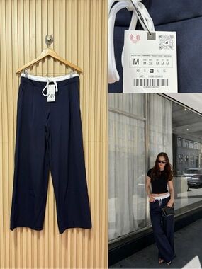 ZARA Navy Wide-Leg Drawstring Pants with White Waist Tie